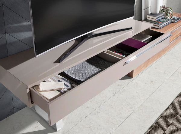 TV stand in beige wood, walnut and chromed steel