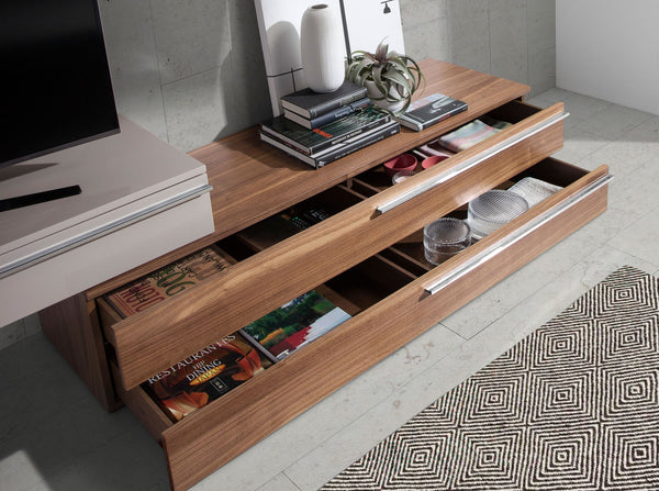 TV stand in beige wood, walnut and chromed steel