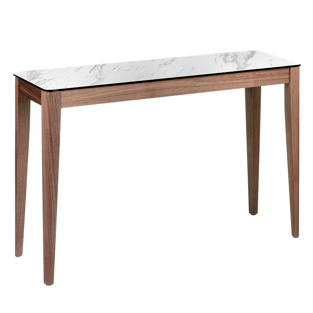 Rectangular console table in porcelain marble and walnut