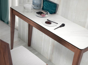 Rectangular console table in porcelain marble and walnut