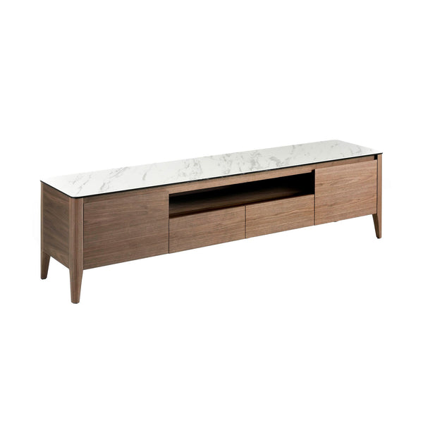 Walnut TV stand with marble-look glass top