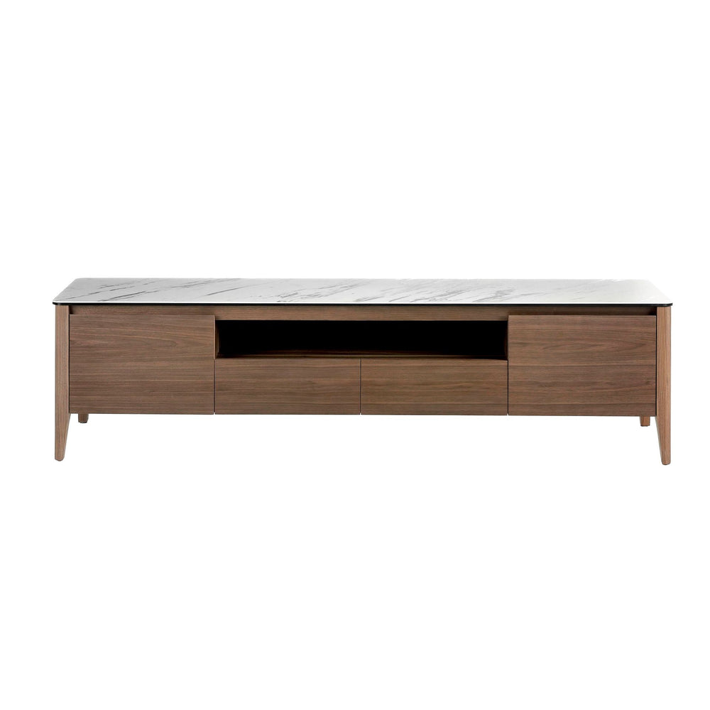 Walnut TV stand with marble-look glass top