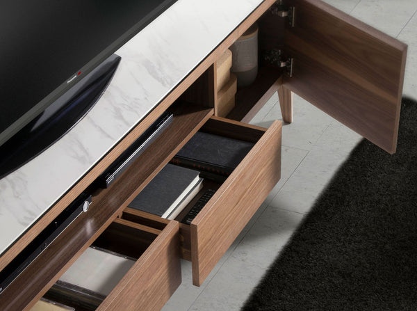 Walnut TV stand with marble-look glass top