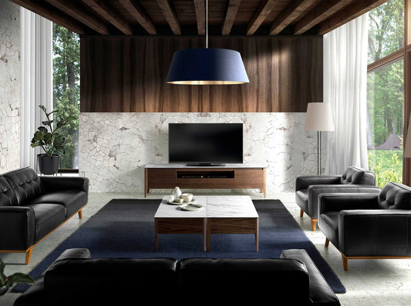 Walnut TV stand with marble-look glass top