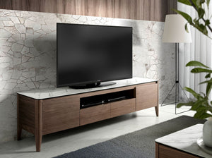 Walnut TV stand with marble-look glass top