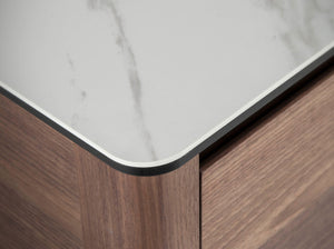 Walnut TV stand with marble-look glass top