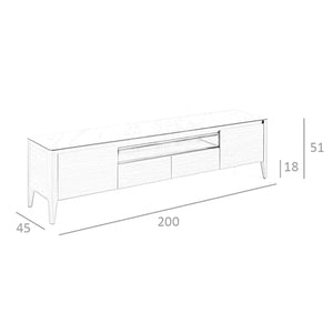 Walnut TV stand with marble-look glass top