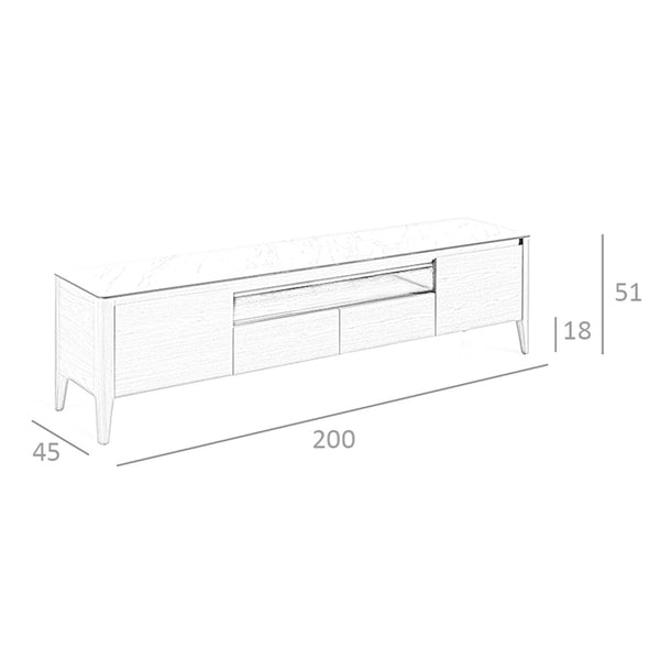 Walnut TV stand with marble-look glass top