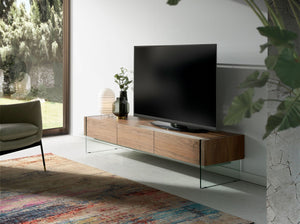Television cabinet in walnut and tempered glass