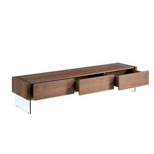 Television cabinet in walnut and tempered glass