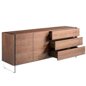 Sideboard in walnut and tempered glass