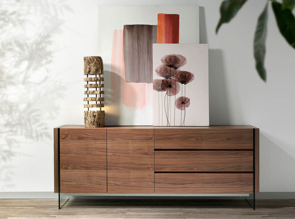 Sideboard in walnut and tempered glass