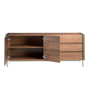 Sideboard in walnut and tempered glass