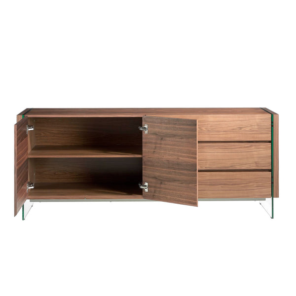 Sideboard in walnut and tempered glass