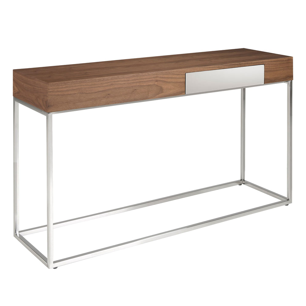 Rectangular console table in walnut and chromed steel