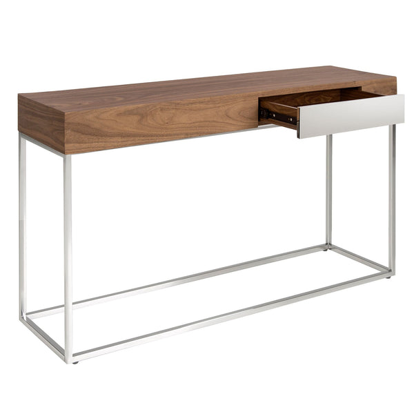 Rectangular console table in walnut and chromed steel