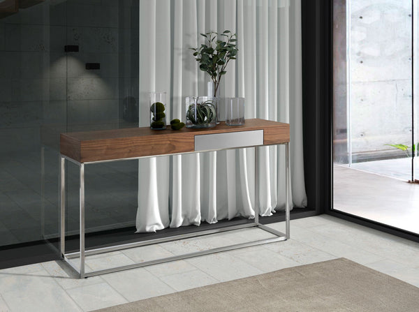 Rectangular console table in walnut and chromed steel