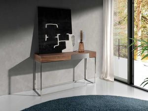 Rectangular console table in walnut and chromed steel