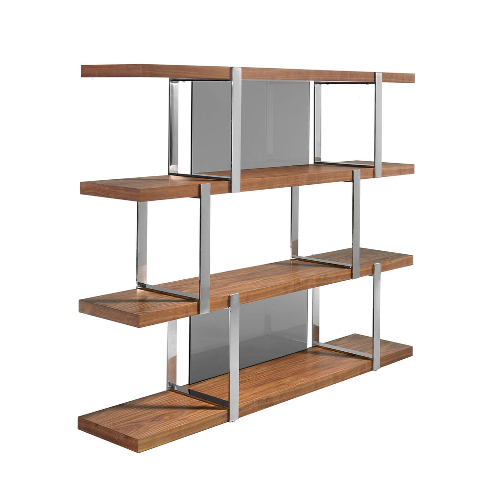 Walnut bookcase with black glass shelves