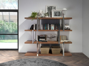 Walnut bookcase with black glass shelves