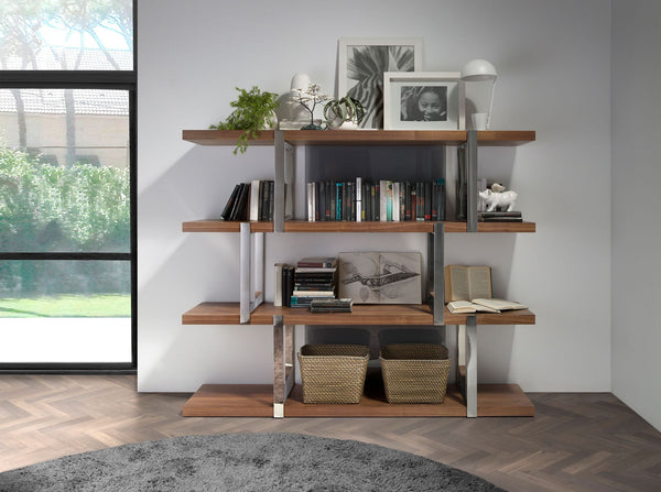 Walnut bookcase with black glass shelves