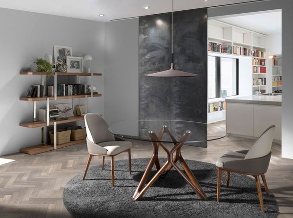 Walnut bookcase with black glass shelves