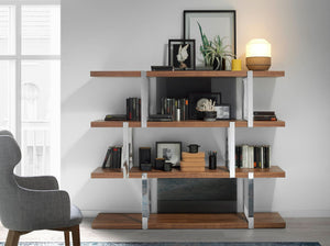 Walnut bookcase with black glass shelves