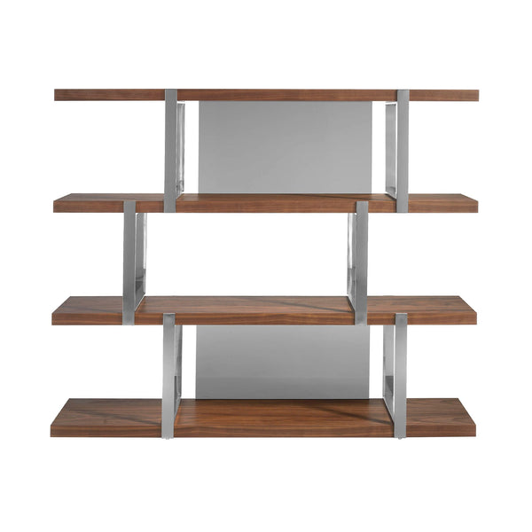 Walnut bookcase with black glass shelves