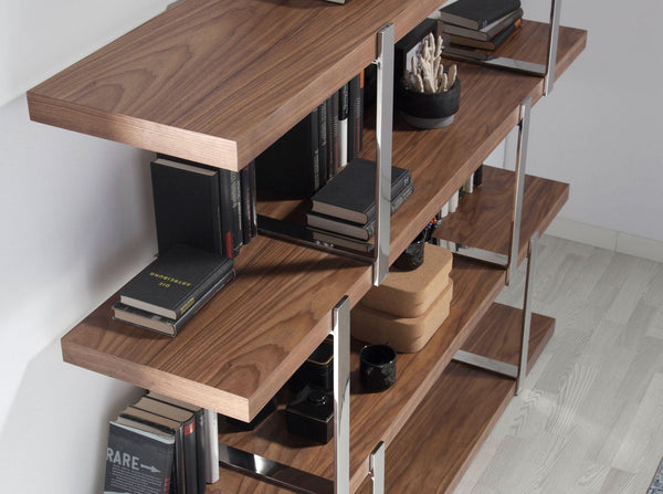 Walnut bookcase with black glass shelves