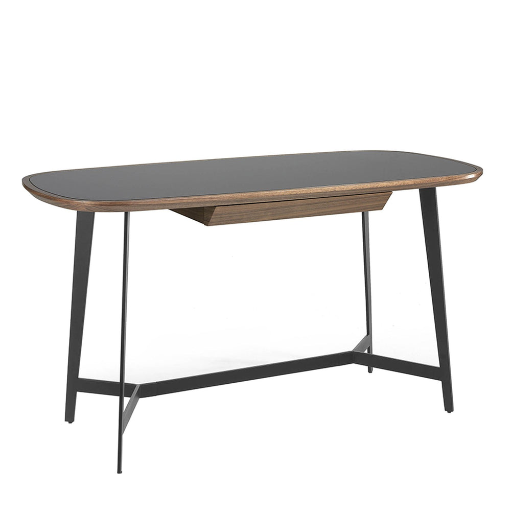 Walnut and black steel desk with black glass top