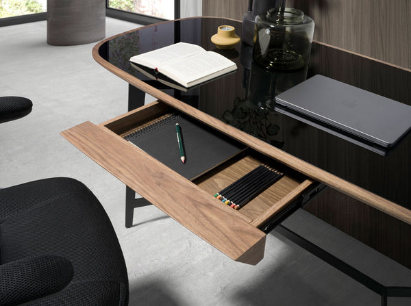 Walnut and black steel desk with black glass top