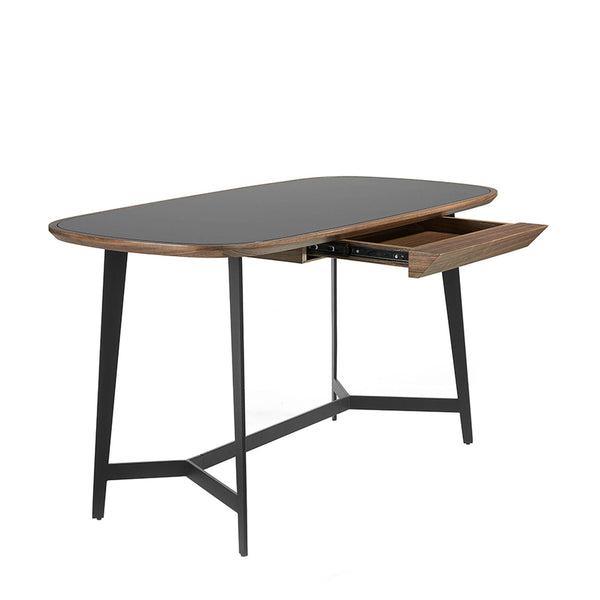 Walnut and black steel desk with black glass top