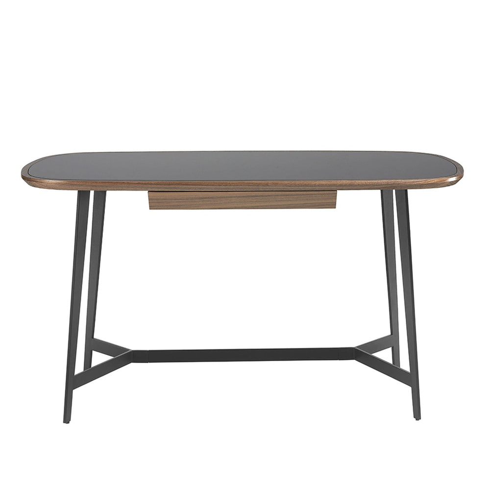 Walnut and black steel desk with black glass top