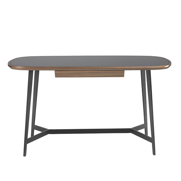 Walnut and black steel desk with black glass top