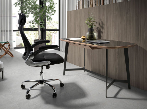 Walnut and black steel desk with black glass top
