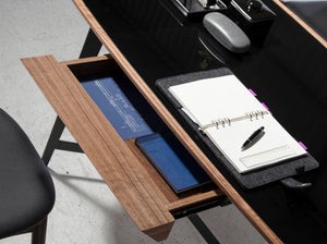 Walnut and black steel desk with black glass top