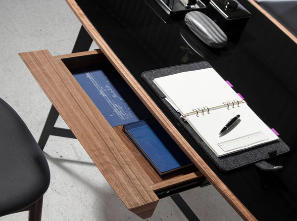 Walnut and black steel desk with black glass top
