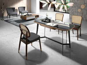 Walnut and black steel desk with black glass top