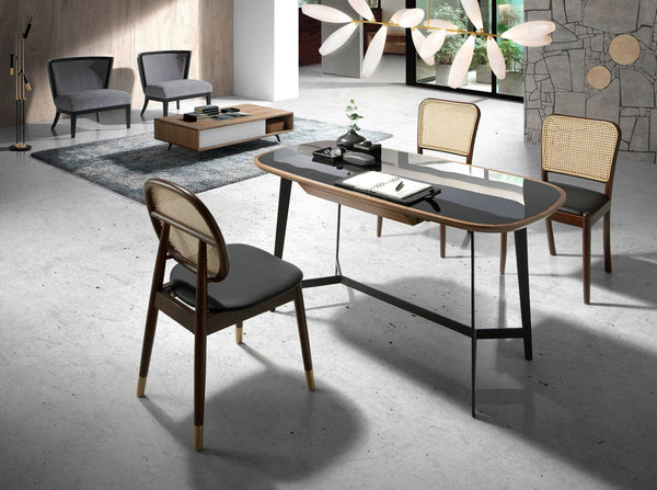 Walnut and black steel desk with black glass top
