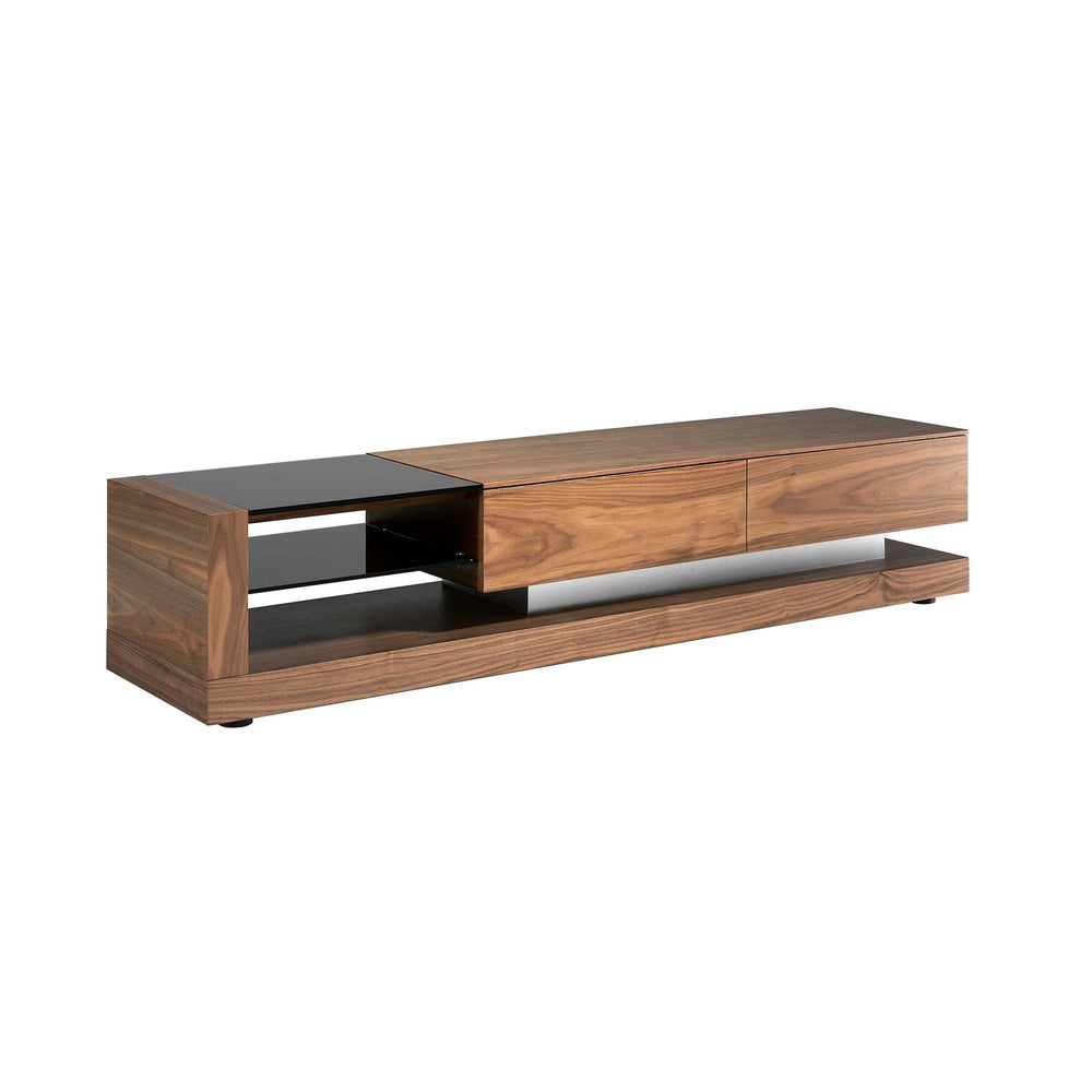 TV cabinet in walnut, polished steel and black glass top