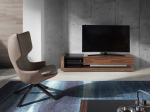 TV cabinet in walnut, polished steel and black glass top