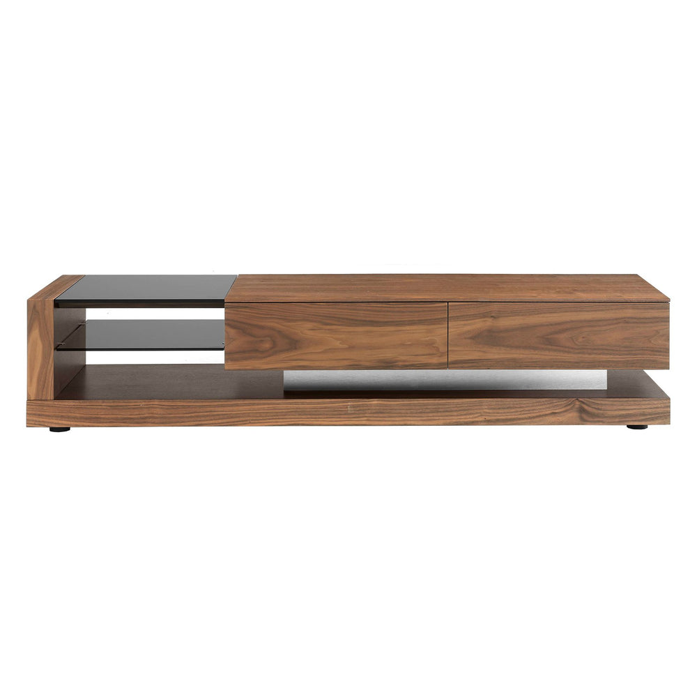 TV cabinet in walnut, polished steel and black glass top
