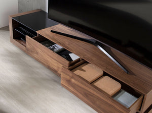 TV cabinet in walnut, polished steel and black glass top