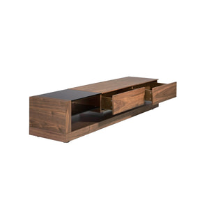 TV cabinet in walnut, polished steel and black glass top