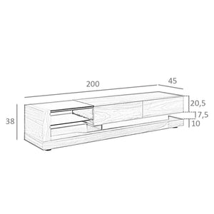 TV cabinet in walnut, polished steel and black glass top