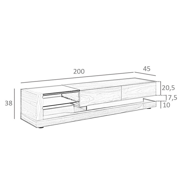 TV cabinet in walnut, polished steel and black glass top