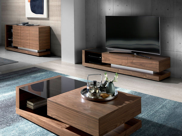 TV cabinet in walnut, polished steel and black glass top