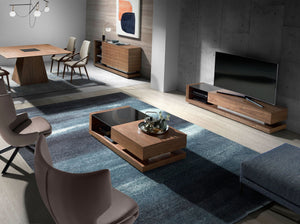 TV cabinet in walnut, polished steel and black glass top