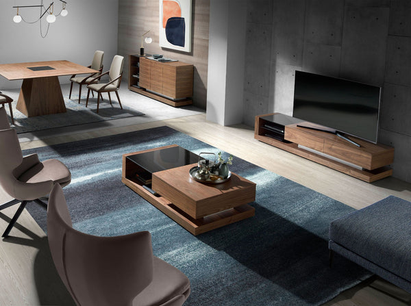 TV cabinet in walnut, polished steel and black glass top