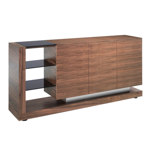 Sideboard in walnut, brushed steel and black glass top